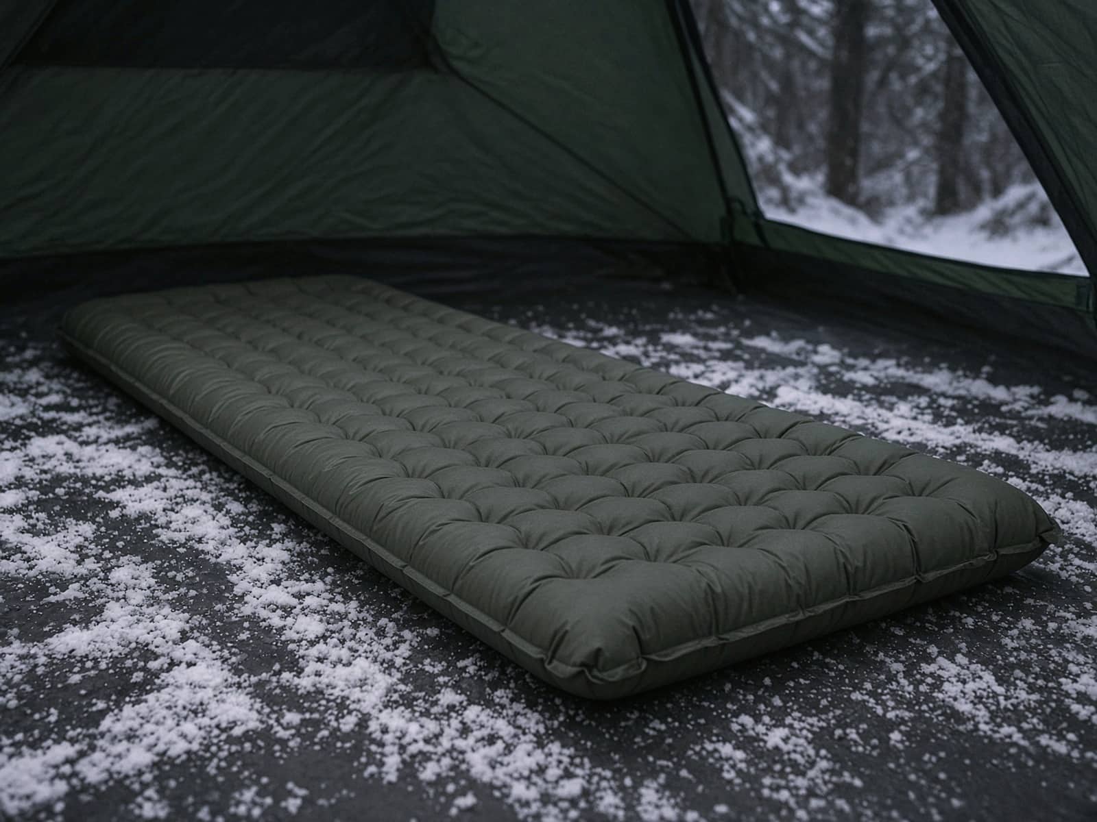 A cold-weather insulated air pad on snow-dusted floor on a tent floor