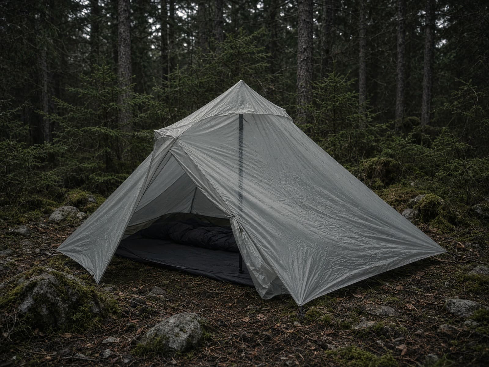 A translucent trekking-pole shelter pitched at a forest campsite