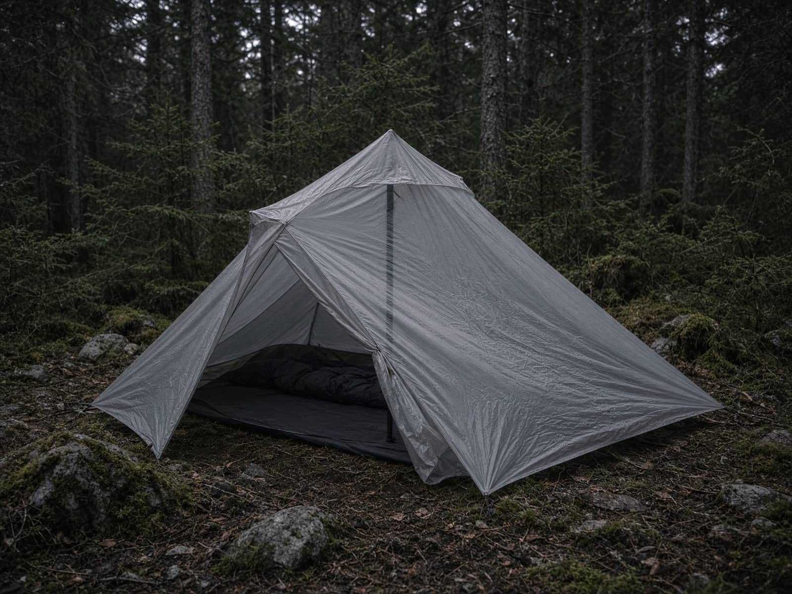 A translucent trekking-pole shelter pitched at a forest campsite